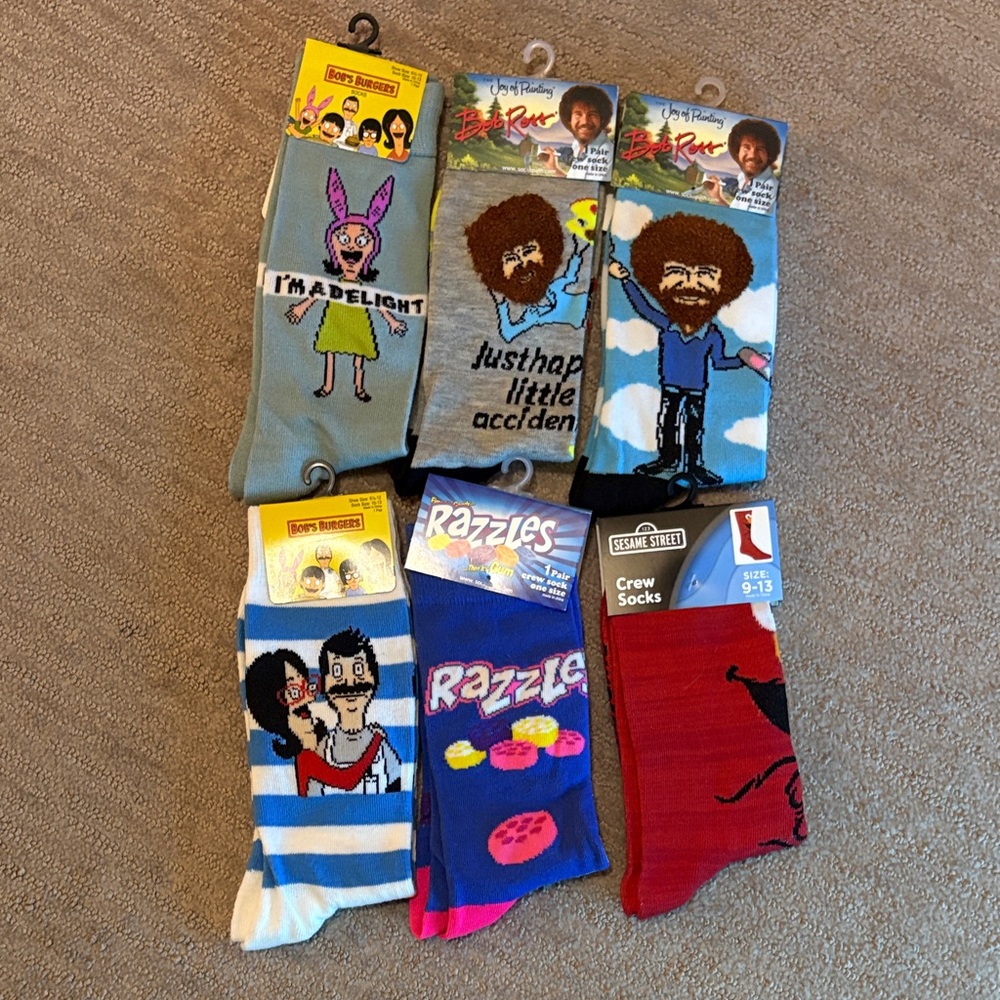 Bobs Burgers/Bob Ross/Razzles/Sesame Street Set of 6 Socks, See Photos for Size